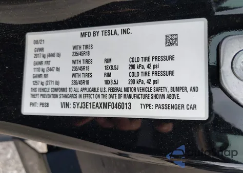 2021 Tesla Model 3 Standard Range Plus Rear-Wheel Drive из США, поврежденный, VIN 5YJ3E1EAXMF046013